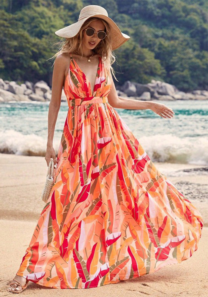 Women's Summer Deep V Cross Halter Neck Strap Print Maxi Dress