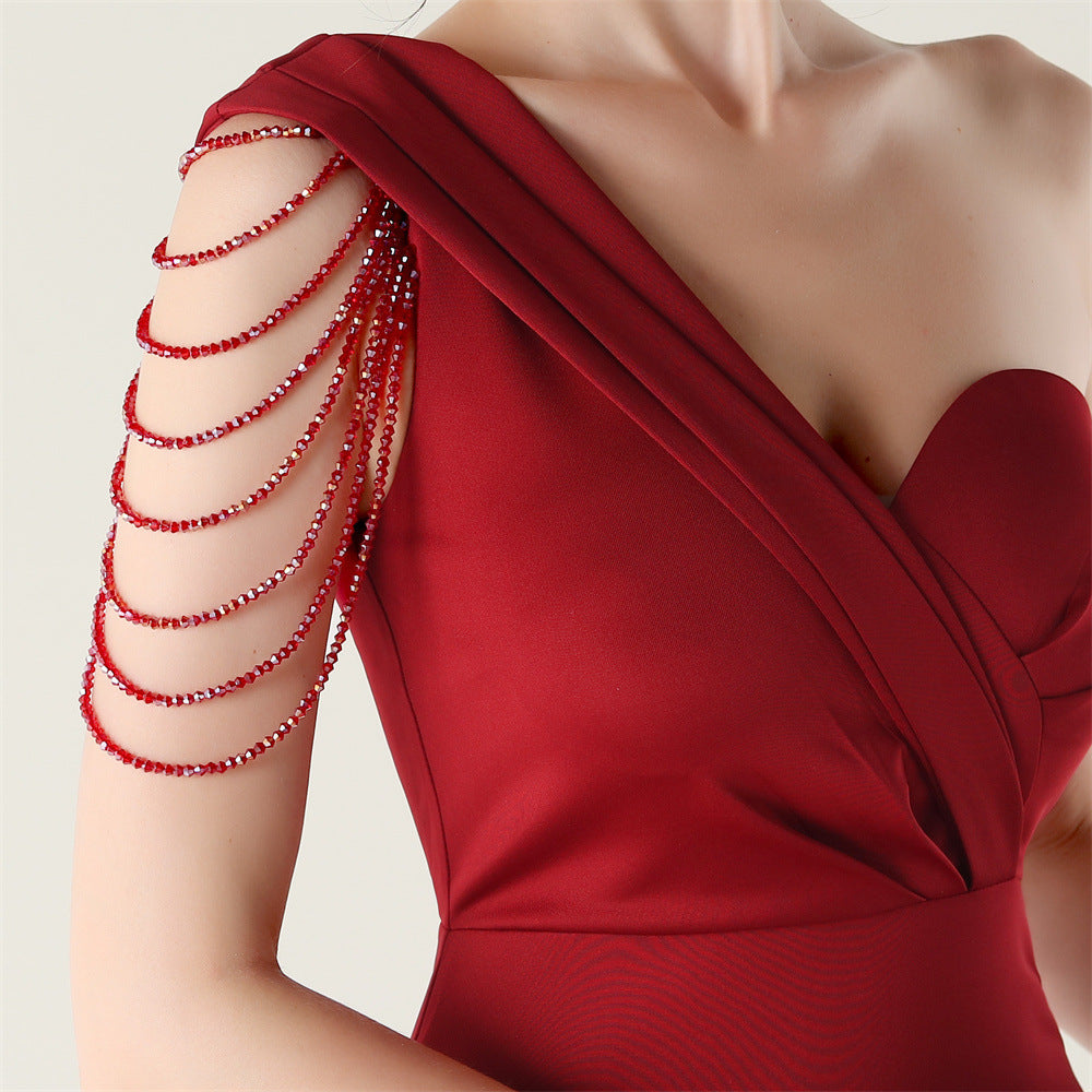 Women sexy and elegant evening beaded one-shoulder slit evening dress 30