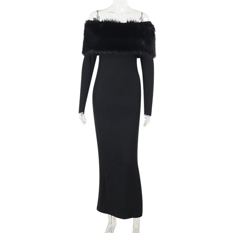 Women Fall Elegant Off Shoulder Fur Collar Dress 9