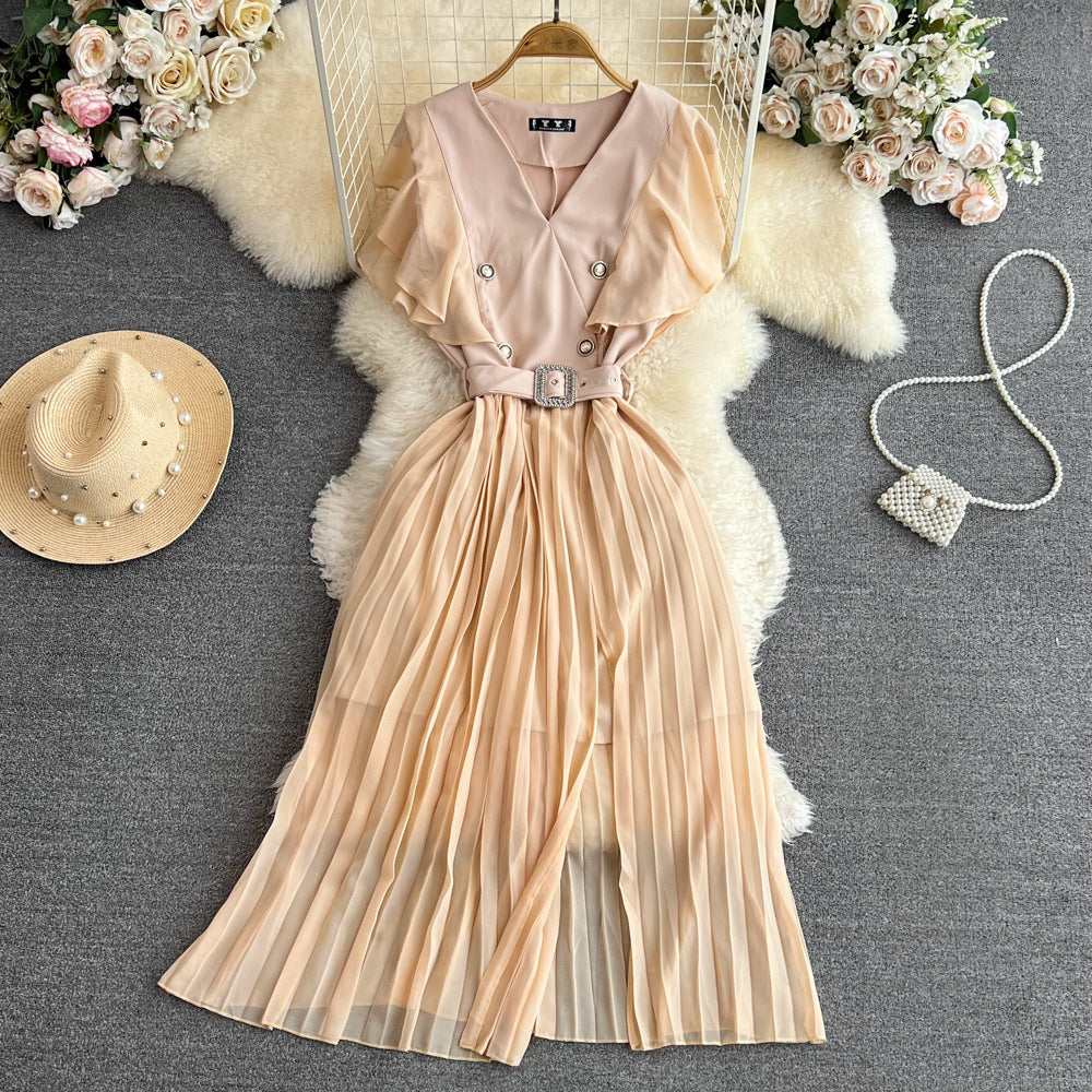 Women Contrast Color Flying Sleeve Collar Slit Pleated Dress 18