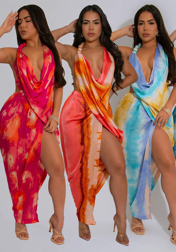Deep V-Neck Sexy Printed Halter Slit Dress