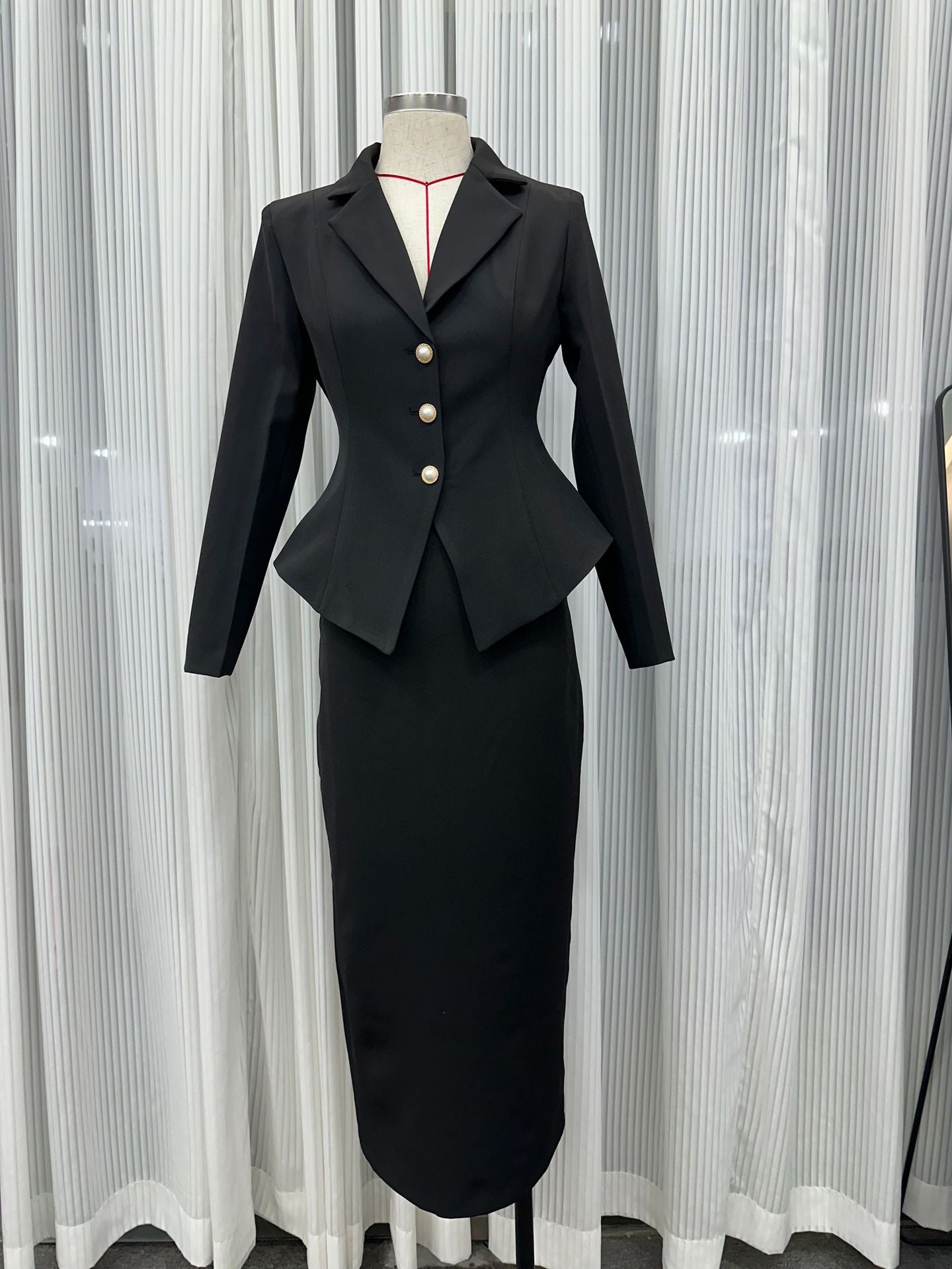 Autumn Women Turndown Collar Single-Breasted Slim Fit Coat + Mid-Length Skirt Set 4