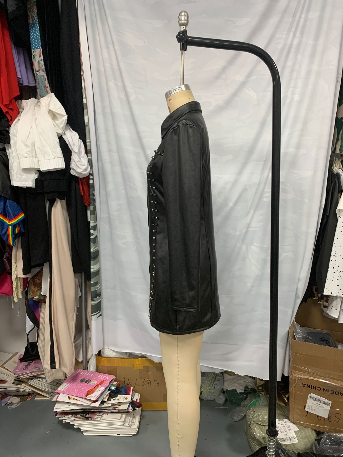 Women Long Sleeve Beaded Snap Button Turndown Collar Sexy Pu-Leather Dress 3