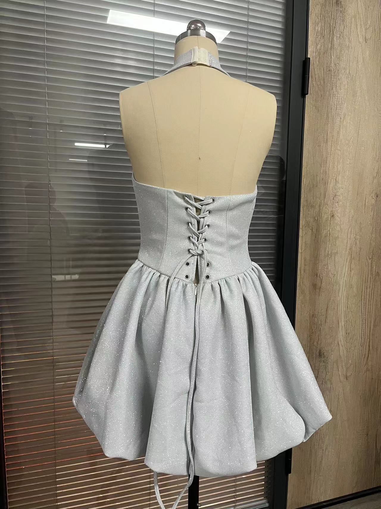 Trendy Casual Summer Halter Neck Bow Tie Puff Dress 5