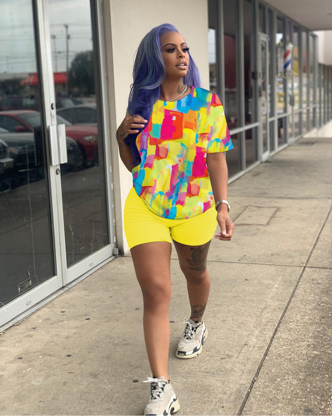 Women Casual Solid printed short-sleeved top and shorts two-piece set 8