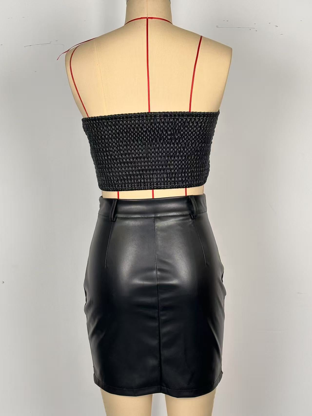 Women Sexy Top and Skirt Pu-Leather Two-piece Set 9