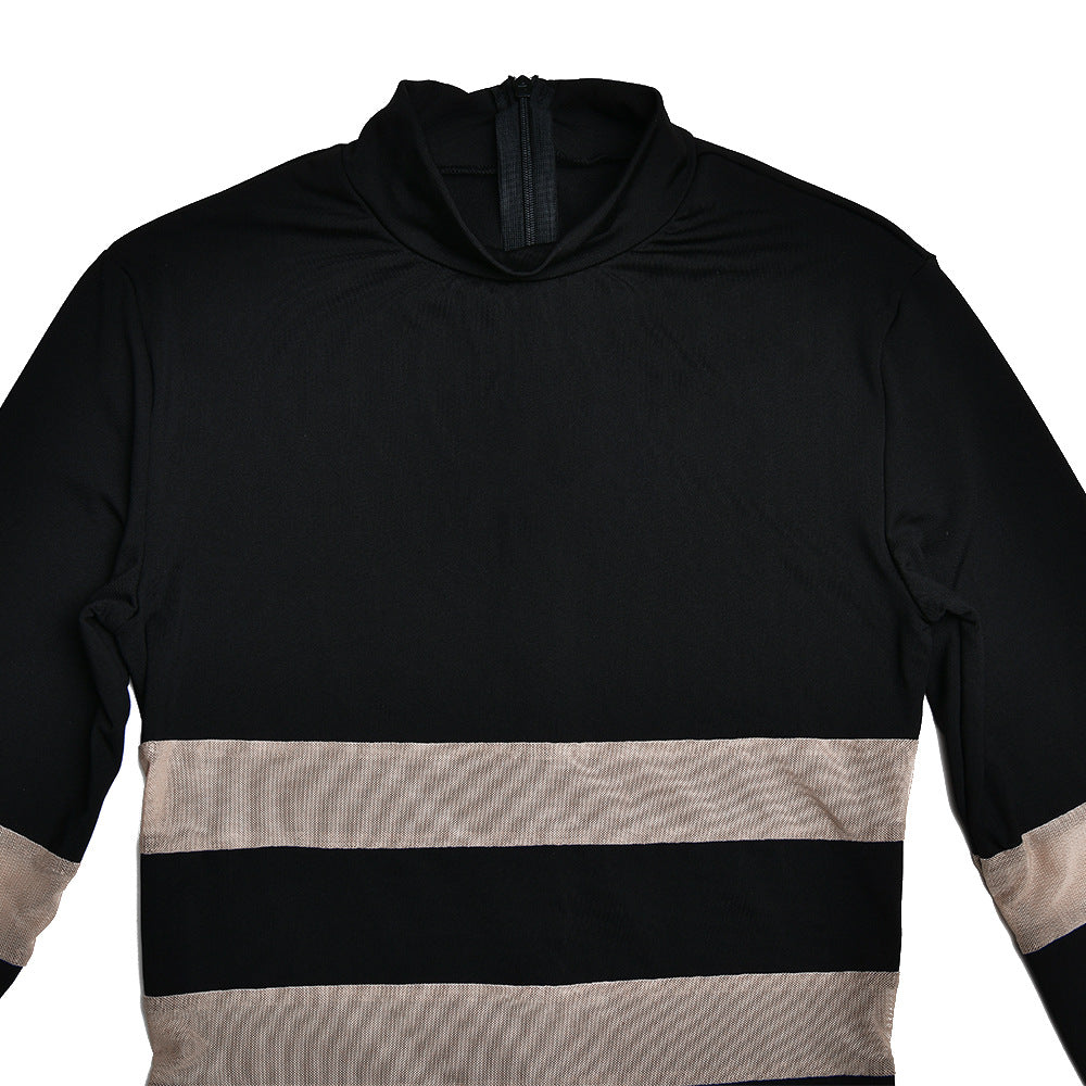 Women Round Neck Patchwork See-Through Long Sleeve Dress 17