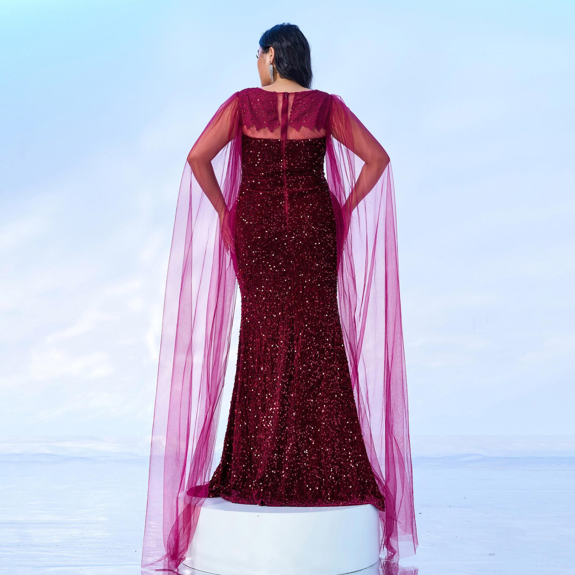 Plus Size Women Long Sleeve V-neck Formal Party Sequined Fishtail Evening Dress Dress 4