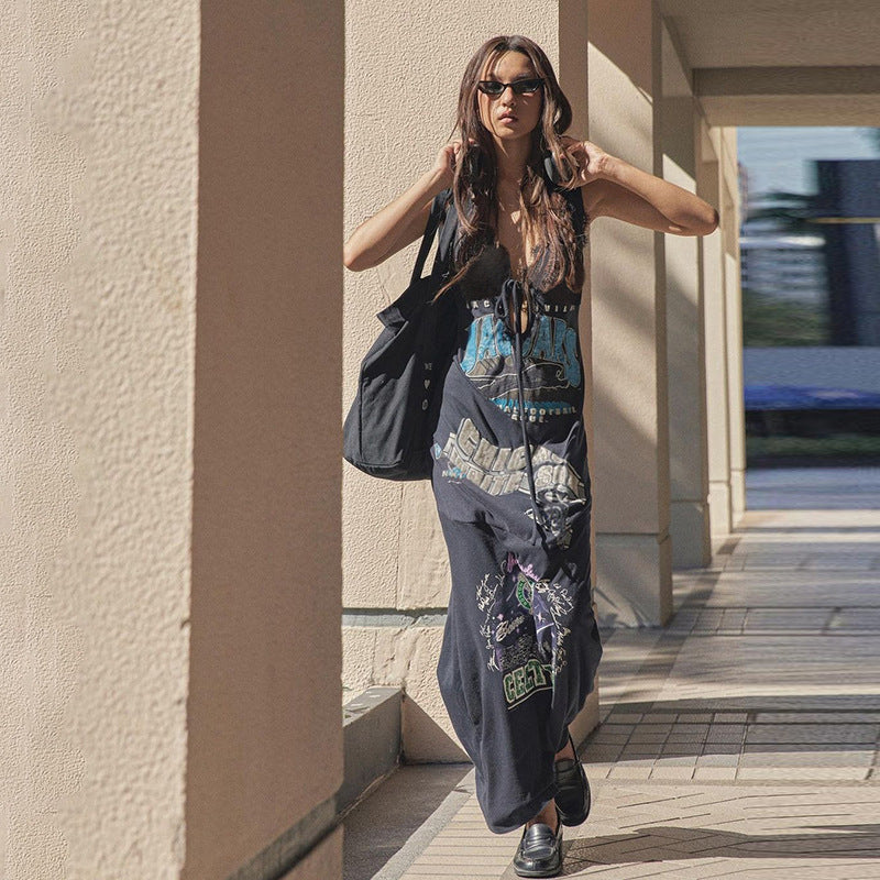 Summer women's clothing American street print v-neck lace hollow loose dress