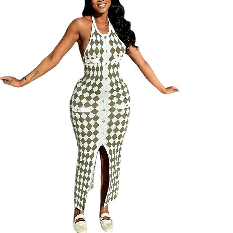 Women's U Neck Tight Fitting Dress Sexy Halter Plaid Low Back Slit Long Dress 6