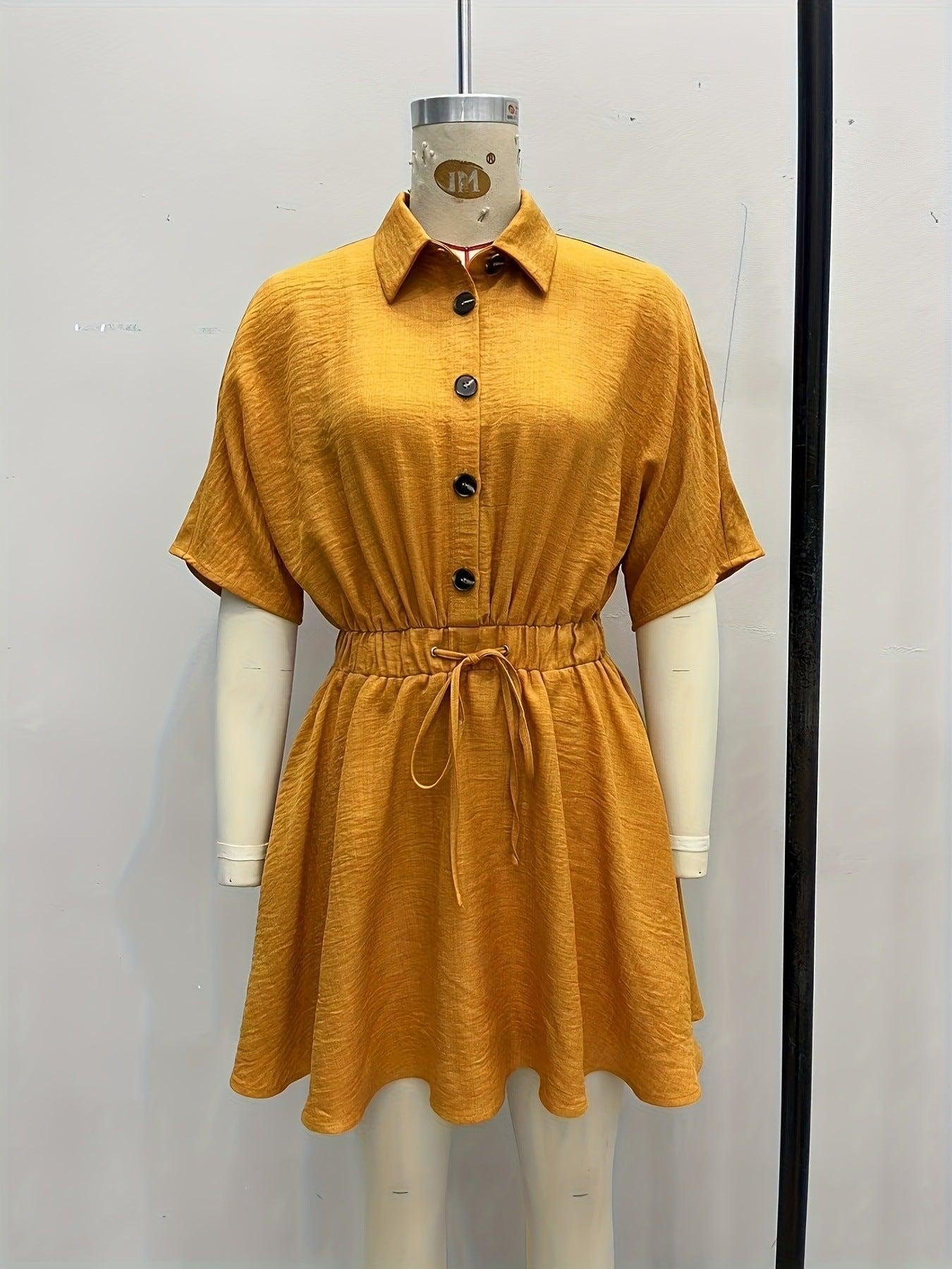 Button-Up Short-Sleeve Slim Waist Belted Shirt Dress 4