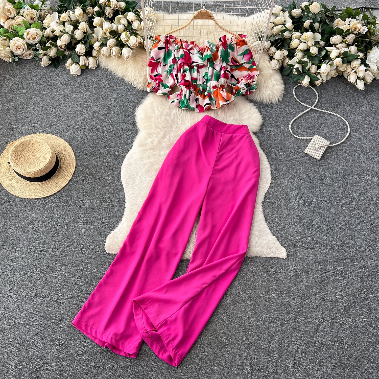 Women French Off Shoulder Ruffled Floral Blouse and Wide Leg Pants Two-Piece Set 3