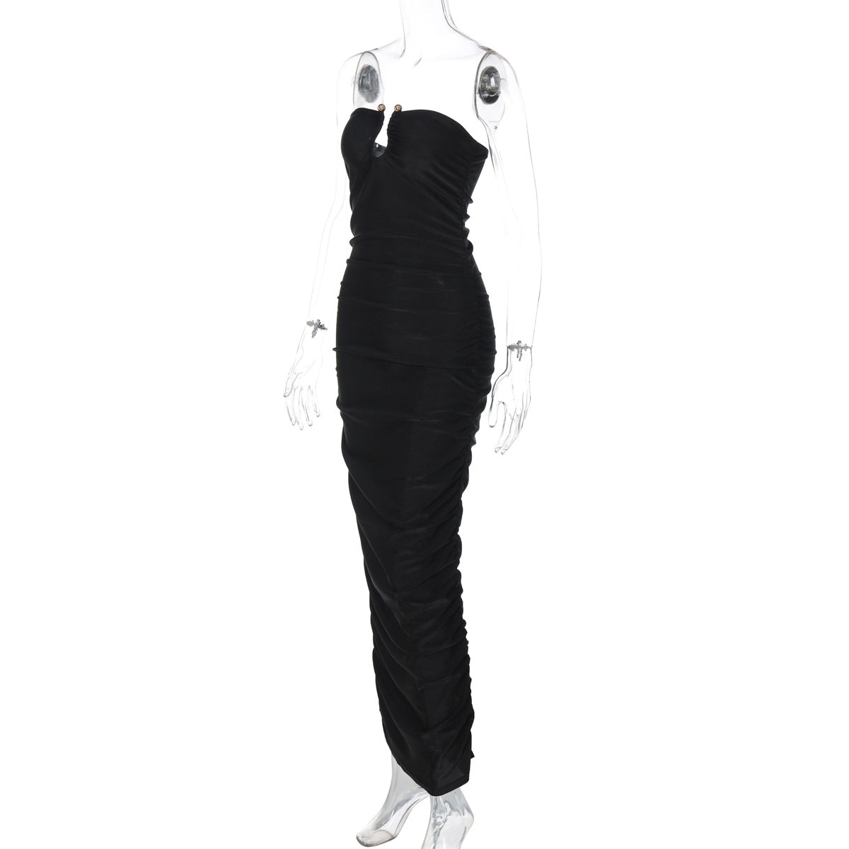 Women's Autumn Winter Fashion Sexy V-Neck Strapless Slim Pleated Solid Color Dress 6