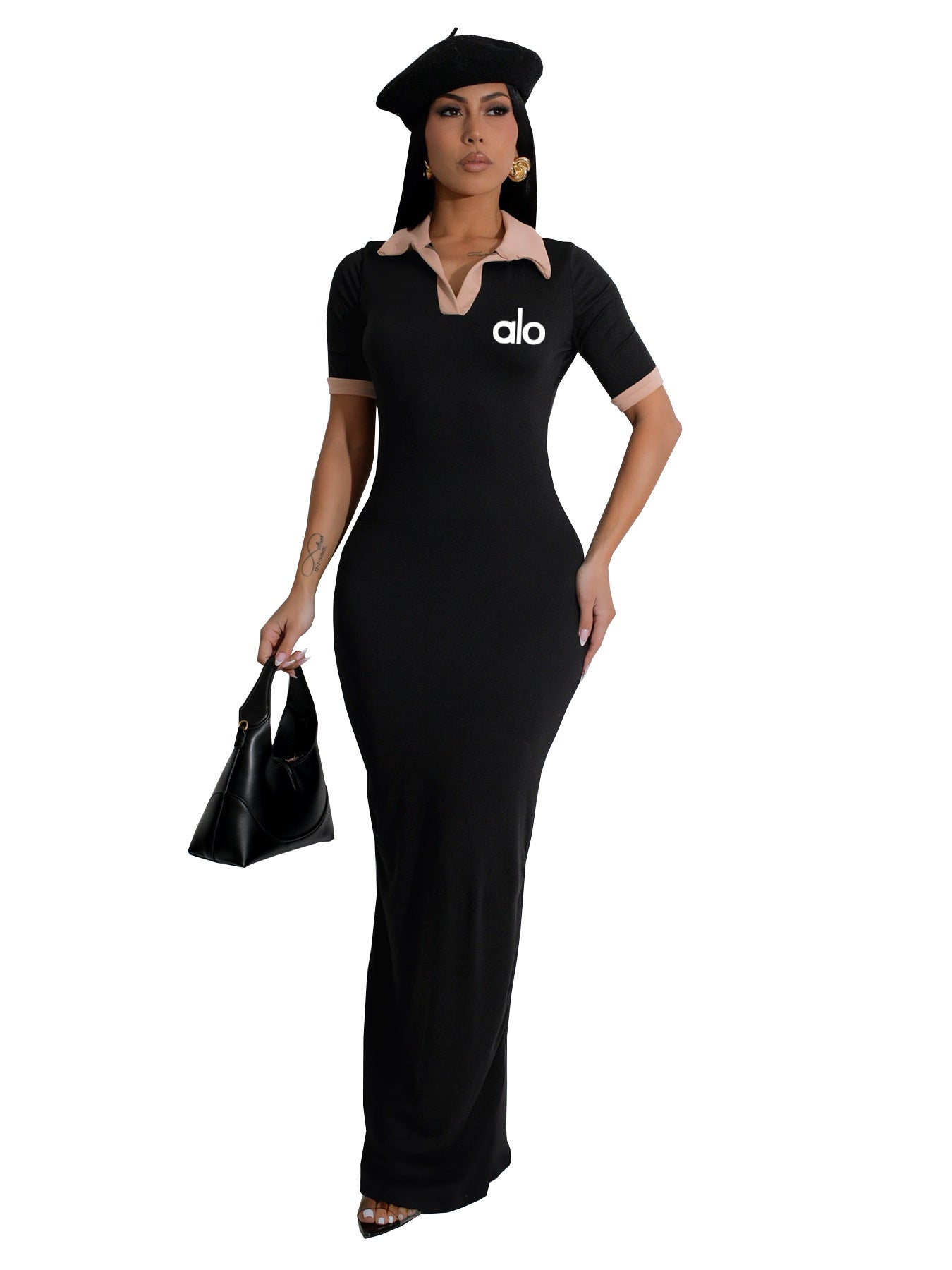 Women Retro Polo Collar Printed Maxi Dress 14