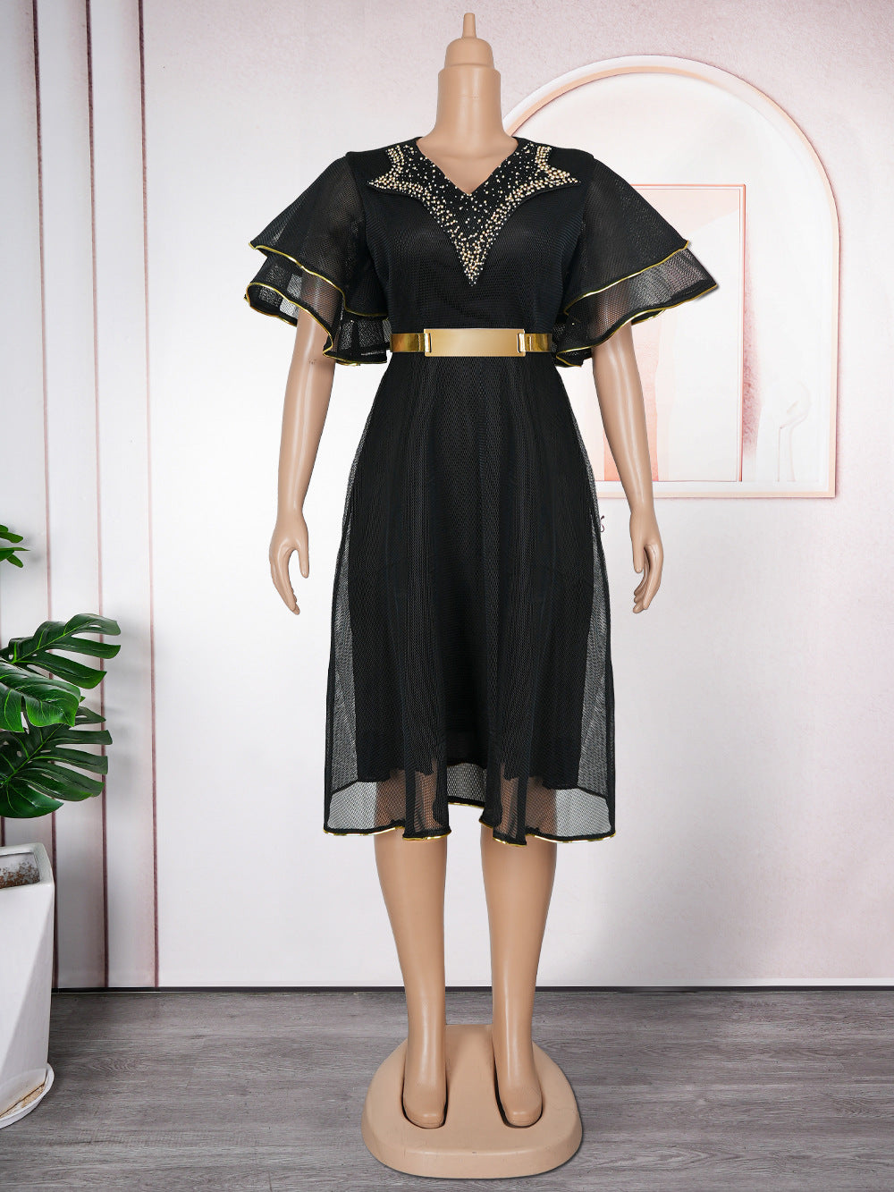 Plus Size African Women V-neck Bodycon Beaded Dress With Belt 9