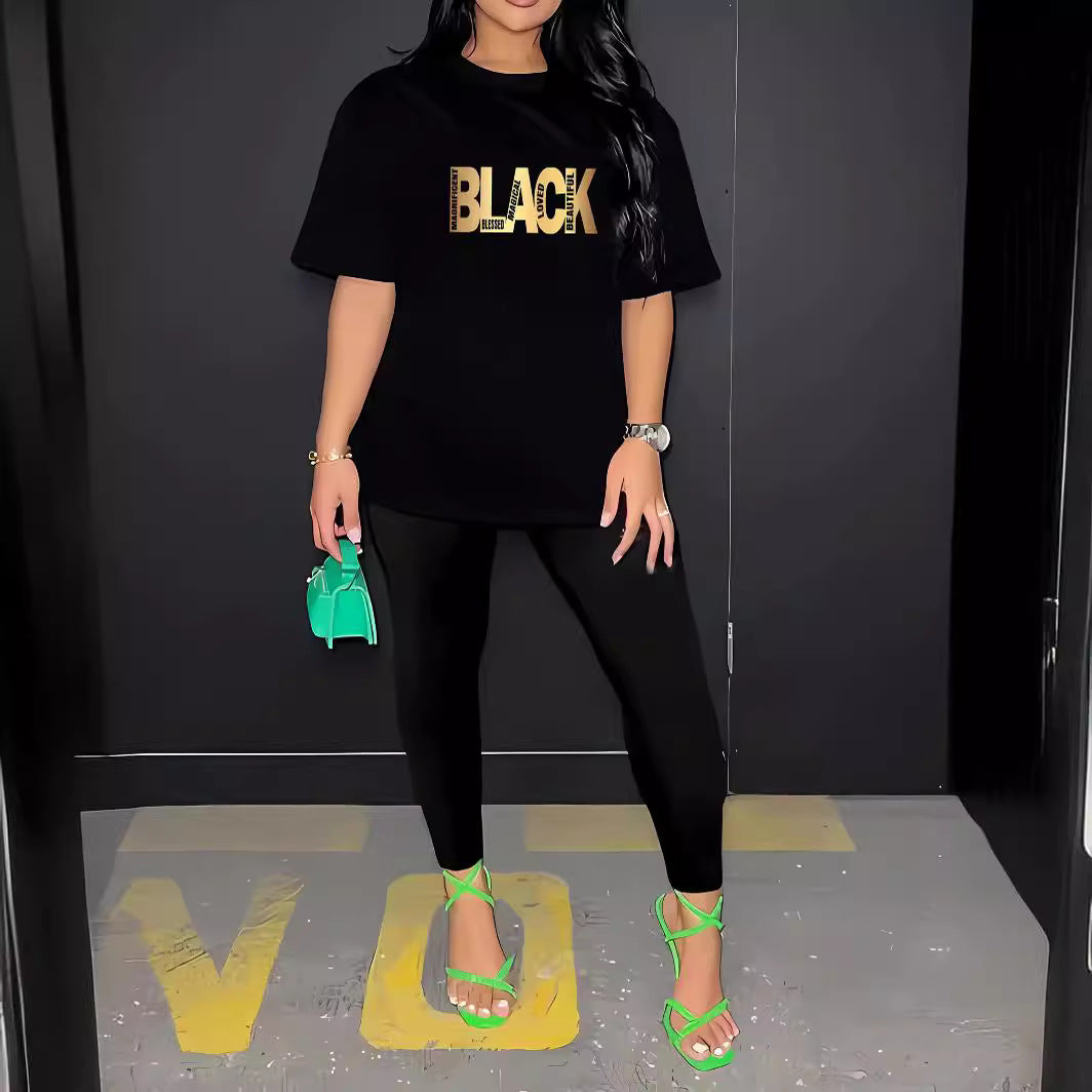 Women's Letter Prints Round Neck Casual T-Shirt Shorts Two Pieces Set 4