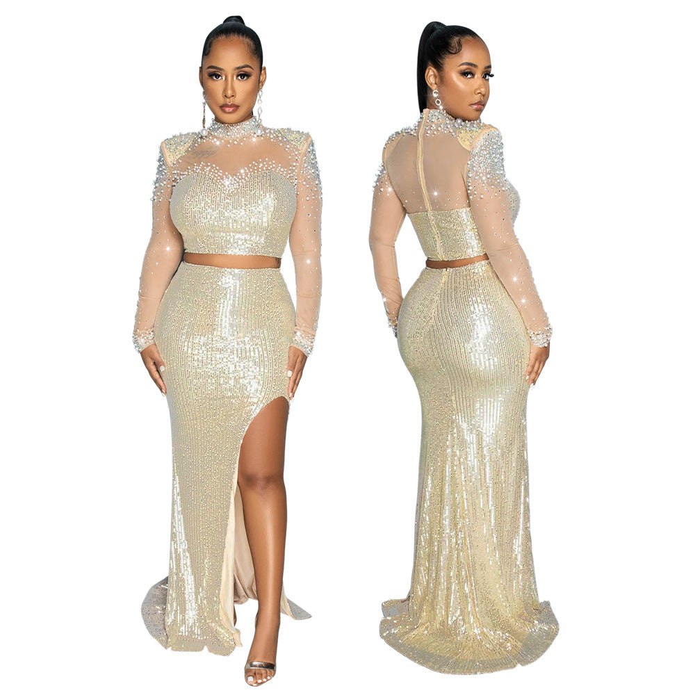 Fashionable Round Neck Mesh sequined long-sleeved top high slit skirt two-piece set for women 5