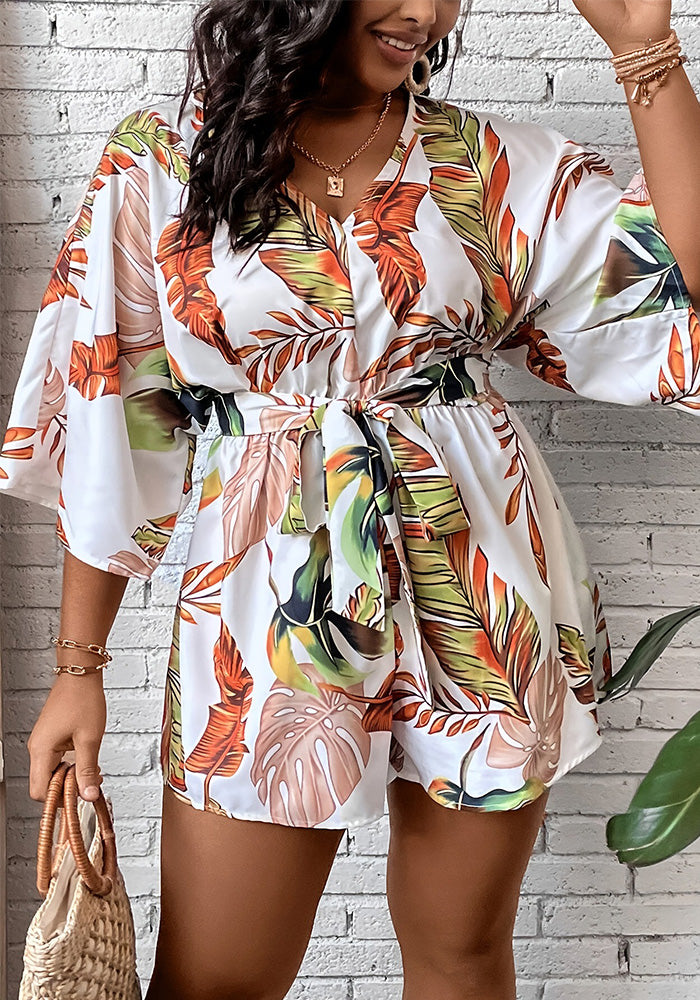 Autumn Sexy V-Neck Bat Sleeves Belt Printed Loose Plus Size Jumpsuit