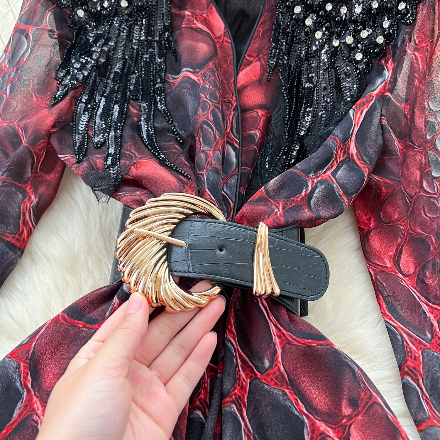 Fashionable Women's Beaded Sequin Embroidery V neck Slim Waist Long Sleeve Leopard Print Elegant Long Dress 8