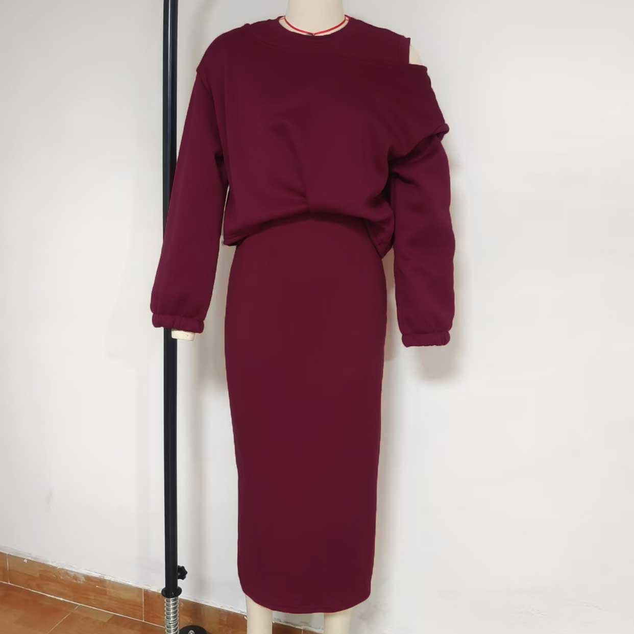 Autumn Loose Off Shoulder Bat Sleeves Top Long Skirt Two Piece Set For Women 20