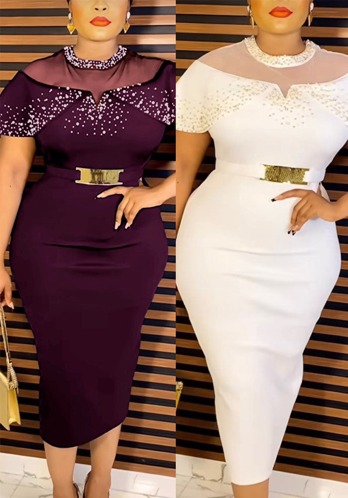 Beaded Mesh Patchwork Short Sleeve Elegant Slim Party Dress