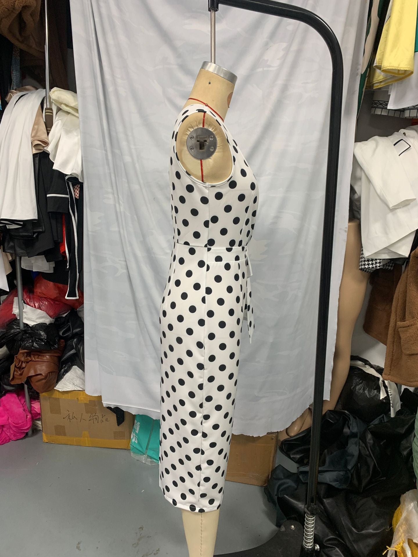 Summer Holidays Chic Black White Polka Dot Sleeveless Bow V-Neck Slit Dress 6