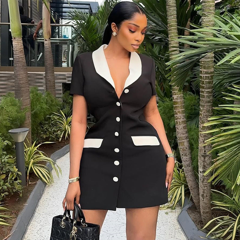 Women's Chic Black-White Contrast Button Short Dress 3