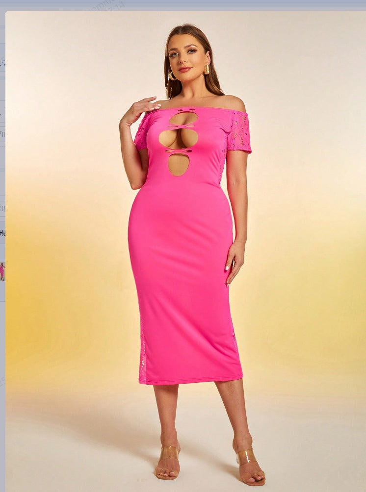Plus Size Women Summer Off Shoulder Hollow Sexy Dress 4