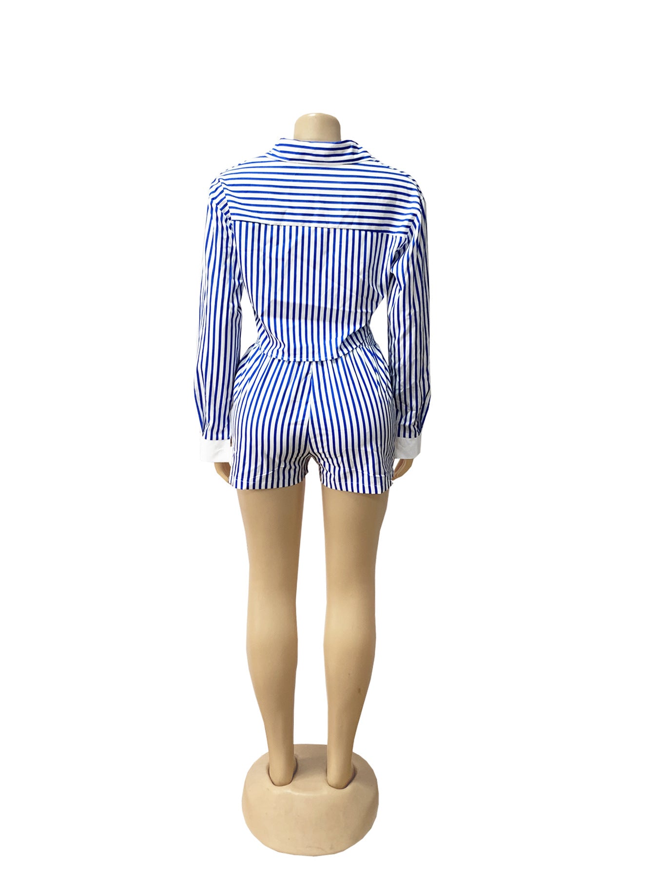 Women Spring and Summer Career Casual Turndown Collar Striped Long Sleeve Shirt Shorts Two-piece Set 13