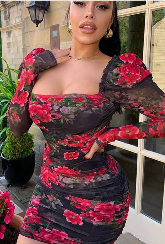 Women Mesh Print Strapless Pleated Long-Sleeved Sexy Backless Bodycon Dress