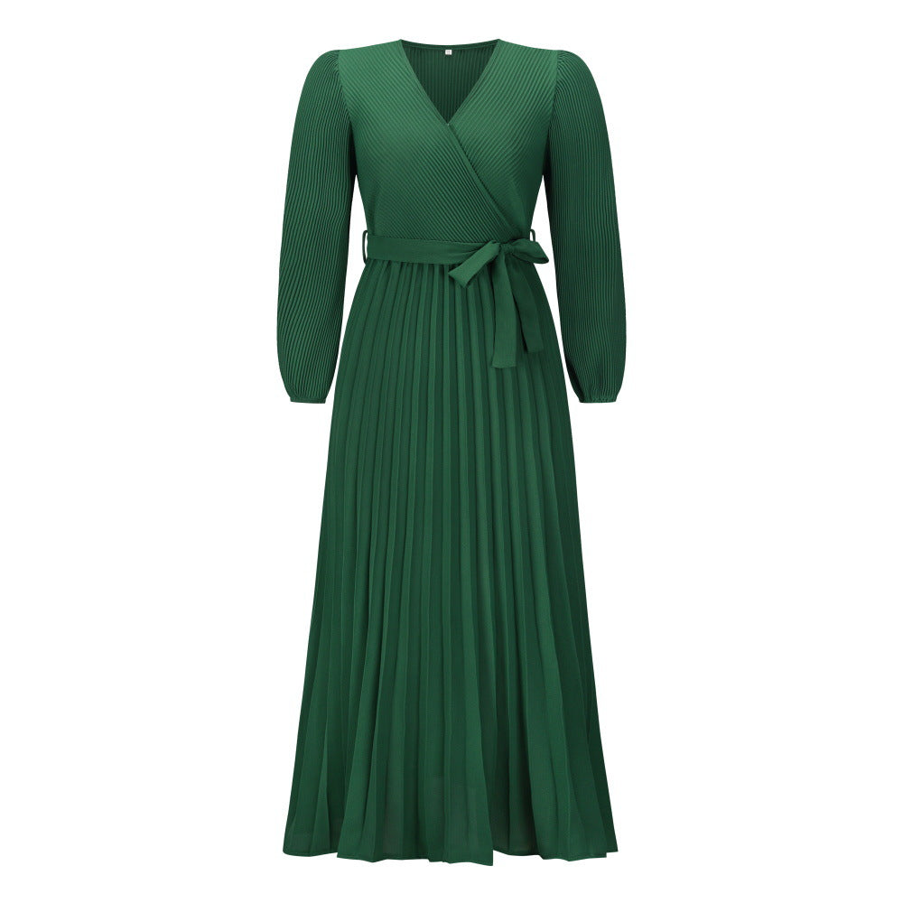 Women Autumn V-Neck Long Sleeve Pleated Maxi Dress 10