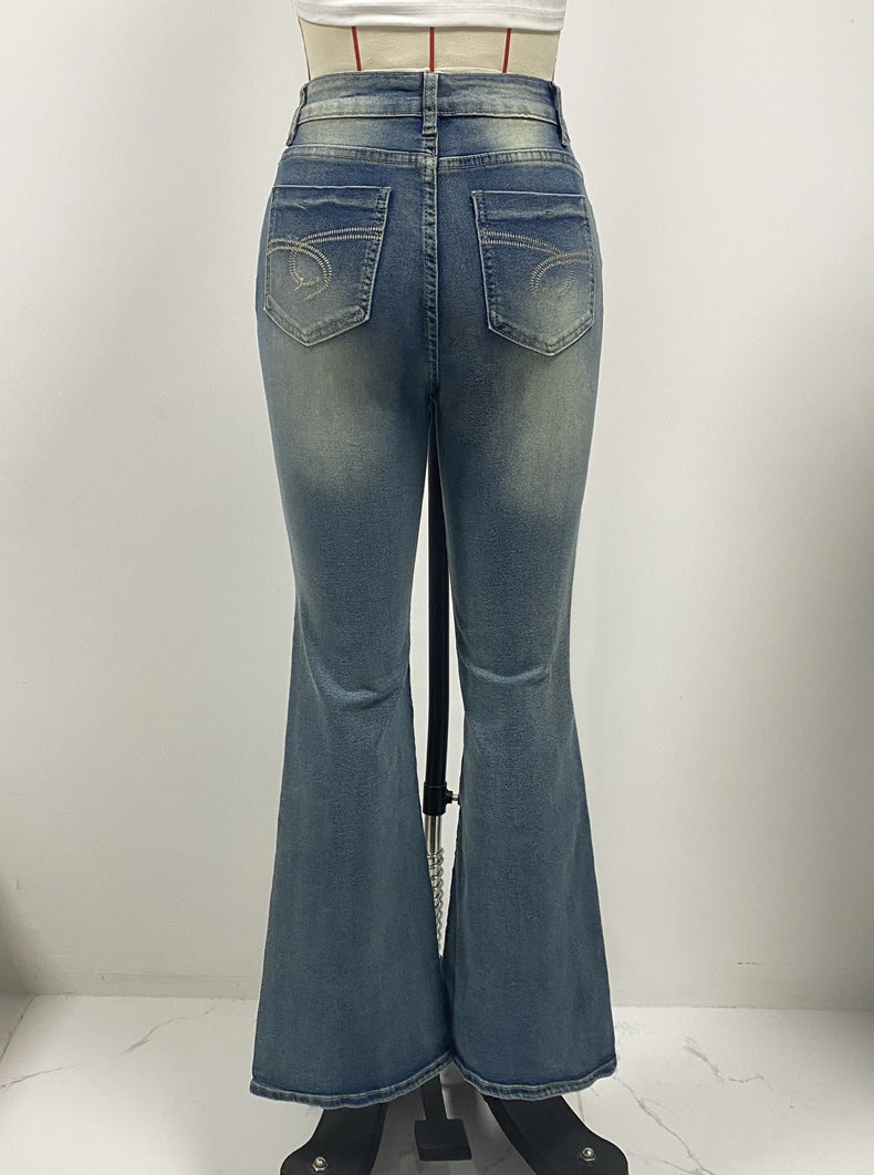 Women Denim Pant Stretch Pocket Embroidery Retro Bell Bottom Denim Pant 6