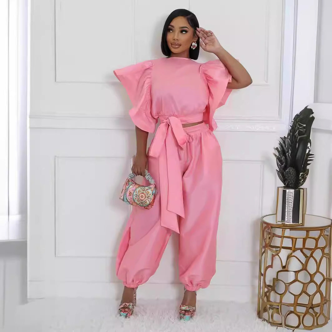 Women Ruffle Edge Sleeve Lace-Up Top and Elastic Pants Two-piece Set 5