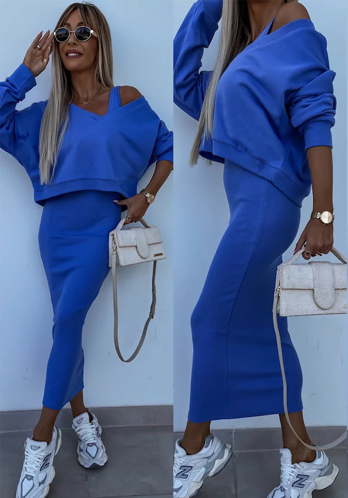 Women Spring and Summer Solid V Neck Long Sleeve Top and Suspender Dress Two-Piece Set