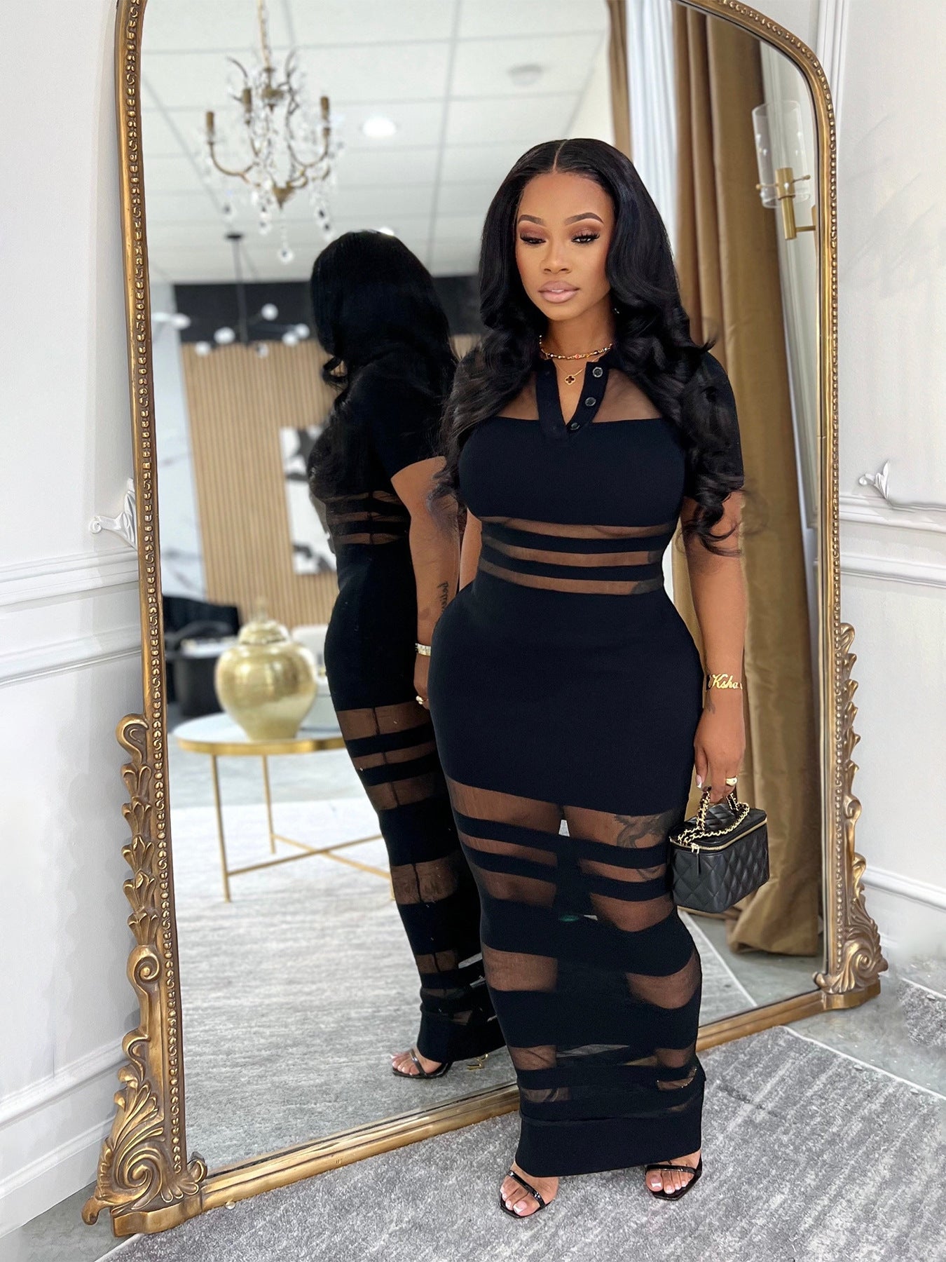 Feminine Mesh Patchwork Turndown Collar Bodycon Dress 4