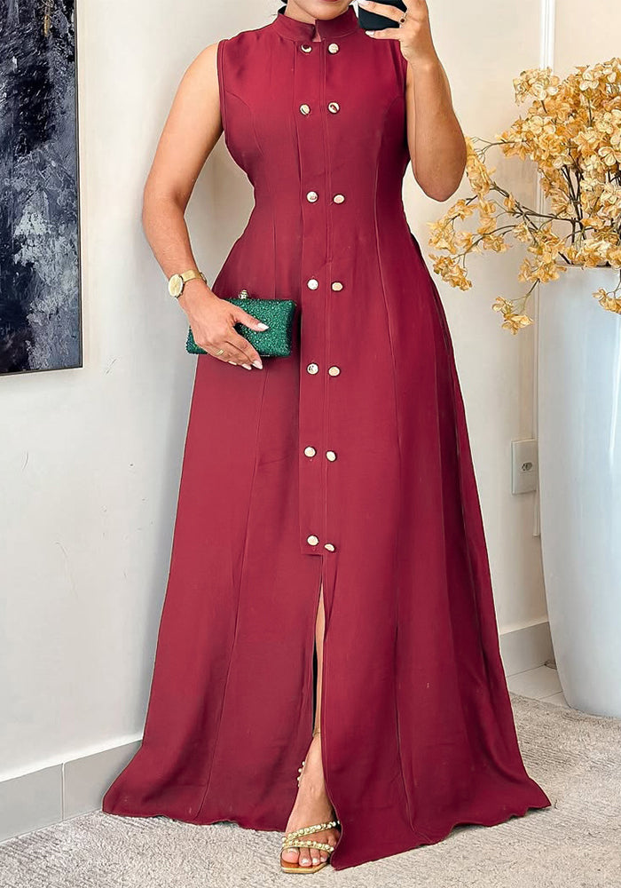 Women's Casual Chic Sleeveless Button-Down Slim Waist A-Line Maxi Dress