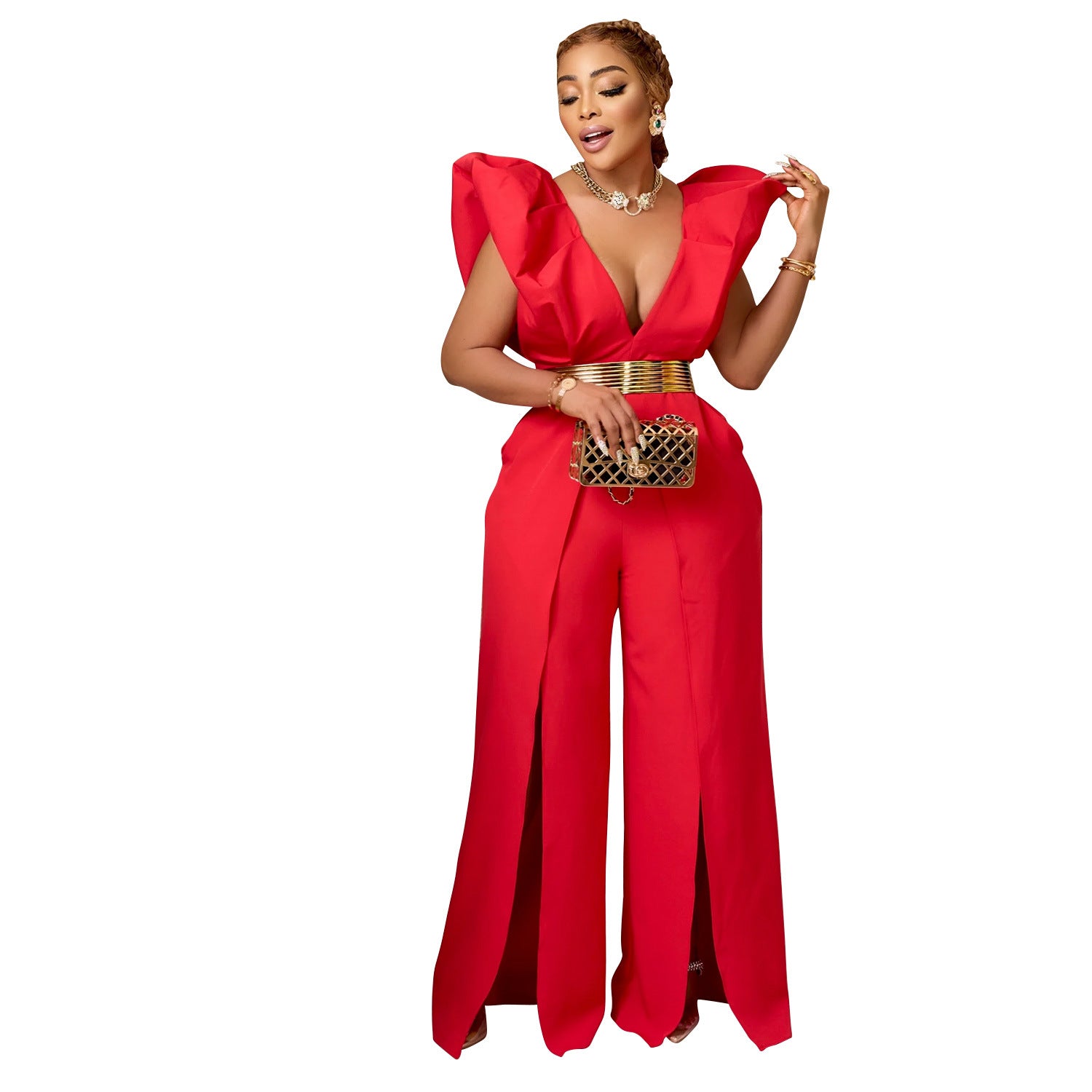 Women Solid Sexy V Neck Pleated Jumpsuit 10