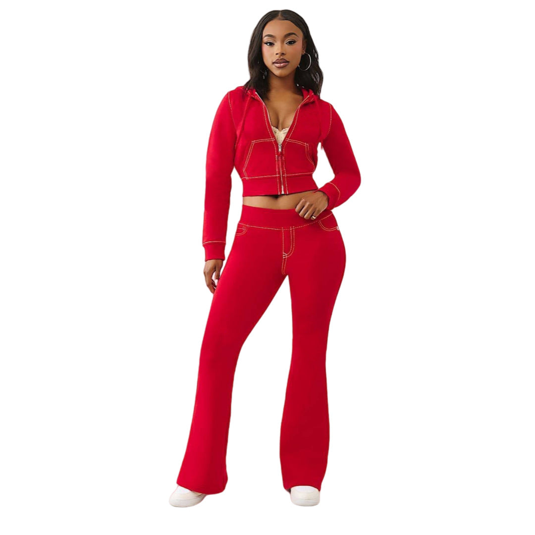 Women Casual Solid Hooded Top and Pants Two-Piece Set 4