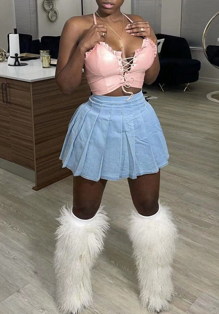 Women Casual Pleated Denim Skirt