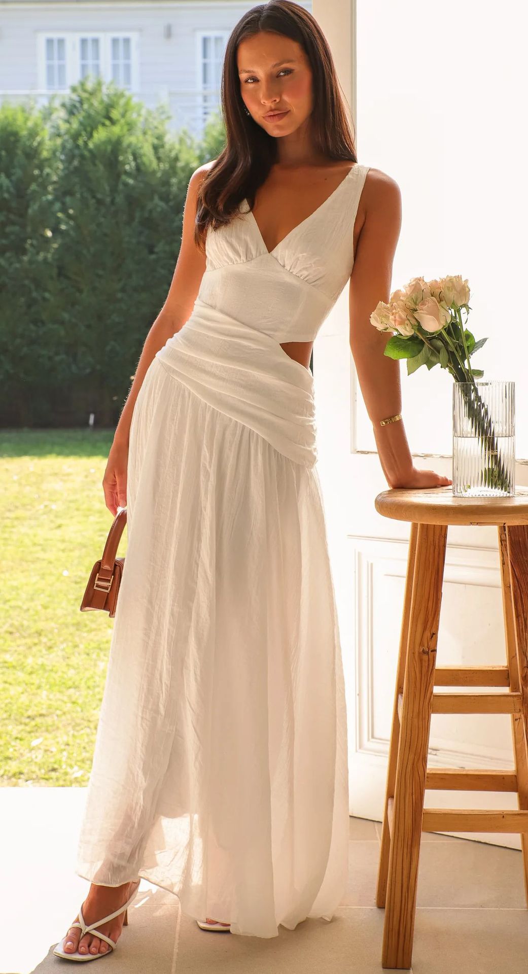 V-Neck Sleeveless Solid Color Patchwork Maxi Dress