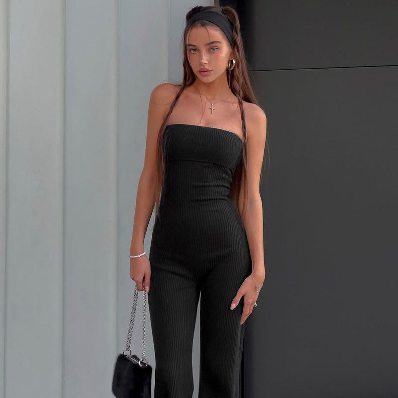 Women Spring Summer Chic Solid Strapless Jumpsuit 3