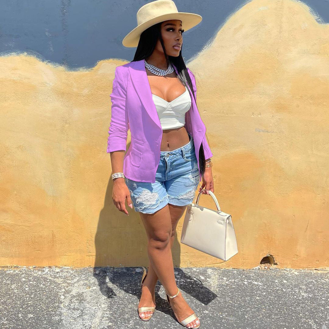 Women Solid Pocket Button Blazer 4