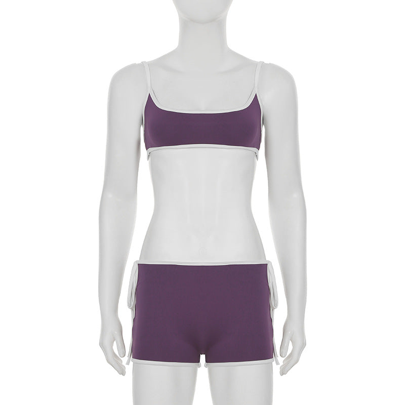 Women Contrast Sexy Open Waist Casual Suspender Top and Shorts Two-piece Set 7