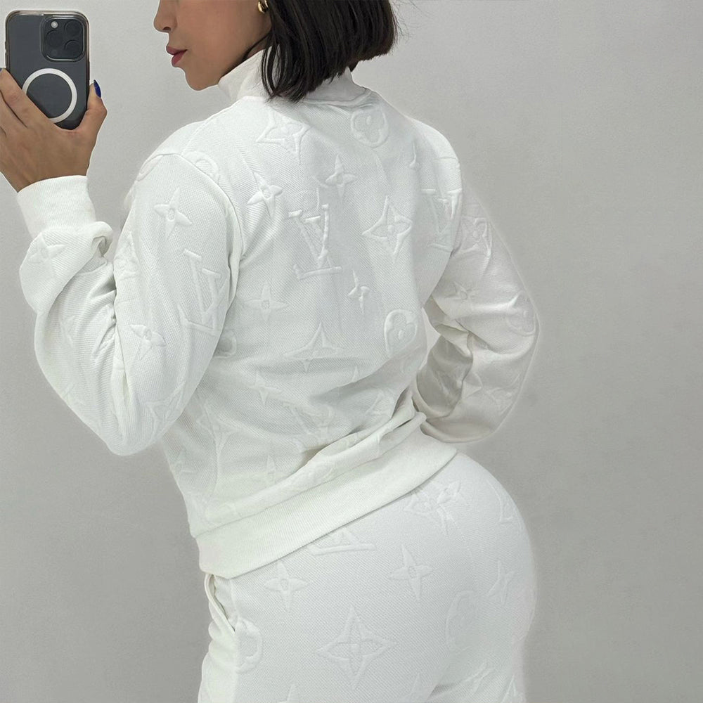 Women Embossed Embroidered Sport Ribbed Zipper Top and Pant Two Piece 13