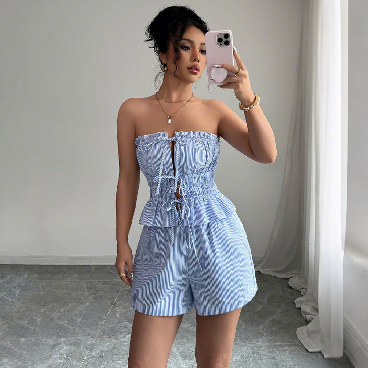 Women Elegant Lace-Up Top Shorts Two-piece Set 7