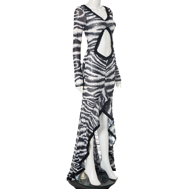 Women's Summer Autumn V-Neck Zebra Print Cut-Out Ruffle Slit Long Dress 7