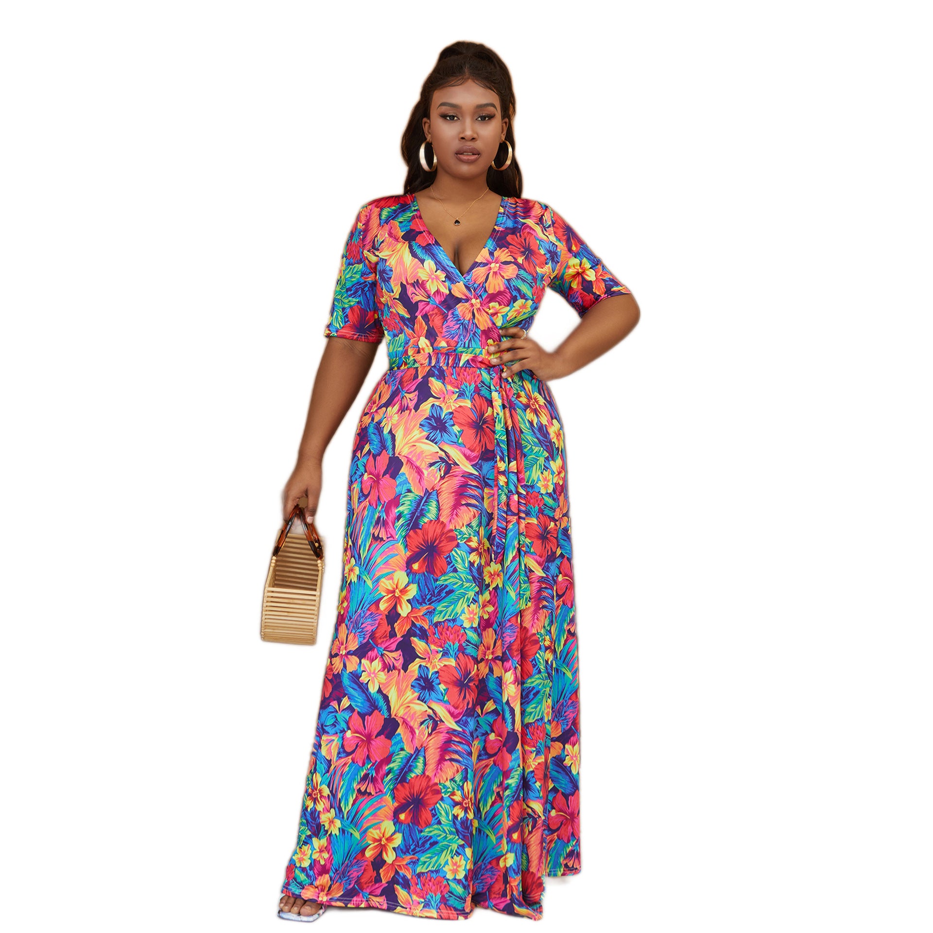 Plus Size Women Bohemian Beach Tie Dye Casual Slit Short Sleeve Maxi Dress 7