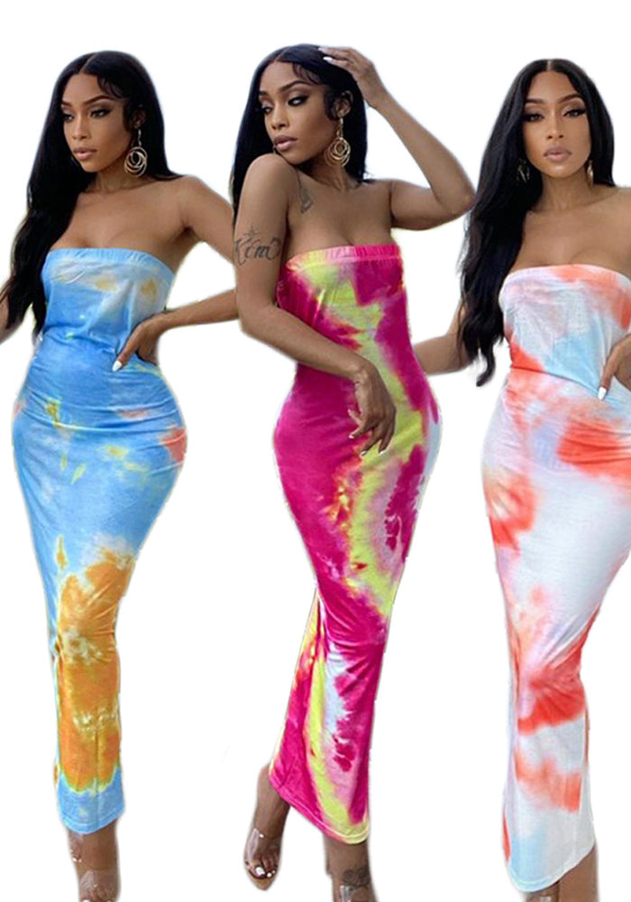 Summer Women's Sexy Printed Strapless Chic Tight Fitting Printed Long Dress