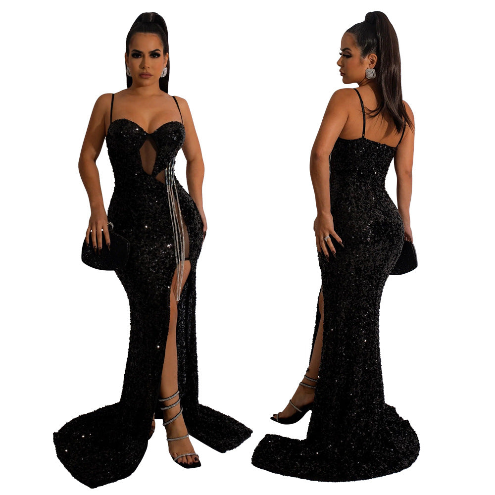 Women'S Sexy Straps Sleeveless Sequined Slit Long Evening Dress 7