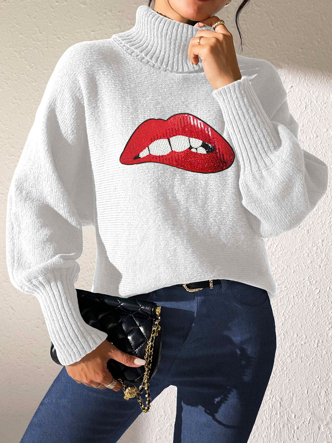 Autumn Winter Women's Sequin Lips Embroidery Turtleneck Pullover Sweater 10